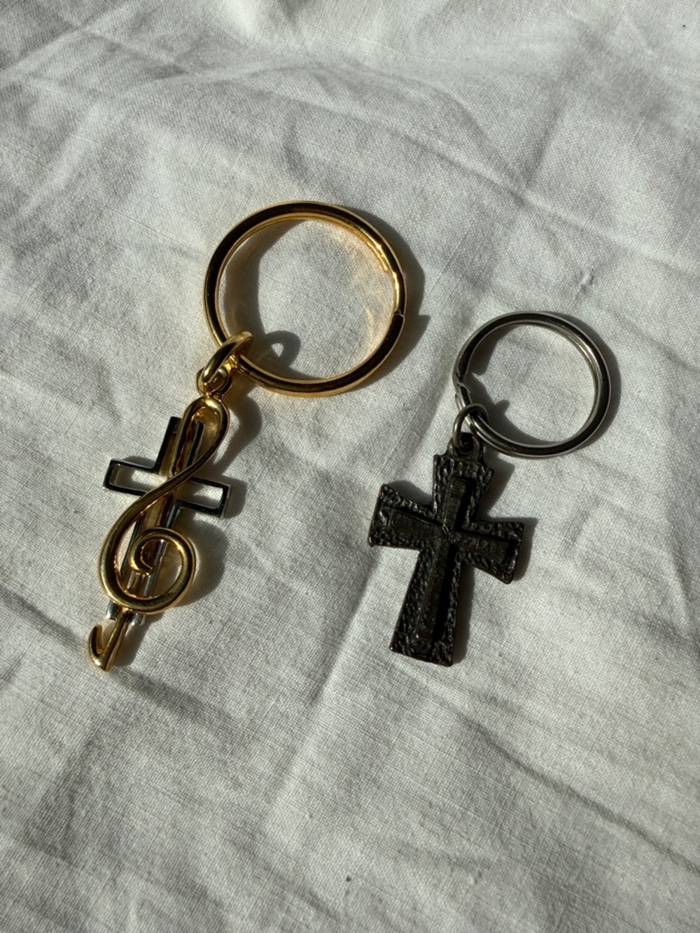Gold and Gunmetal Cross & Treble Clef Keychain Set